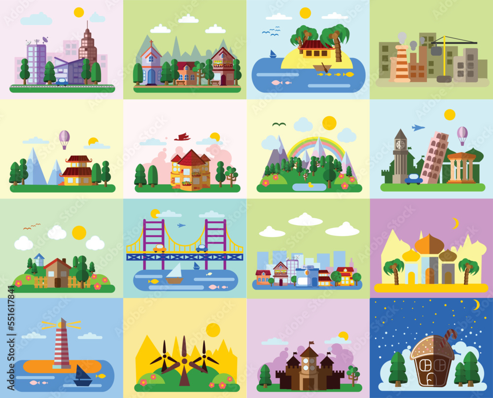 Flat design of retro and modern city houses. Old buildings, skyscrapers. colorful cottage building, cafe house. Flat design of retro and modern city houses. Old buildings, skyscrapers. colorful cottage building, cafe house.