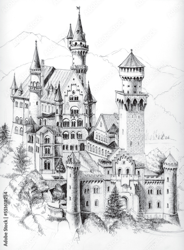 German castle freehand drawn with ballpoint pen