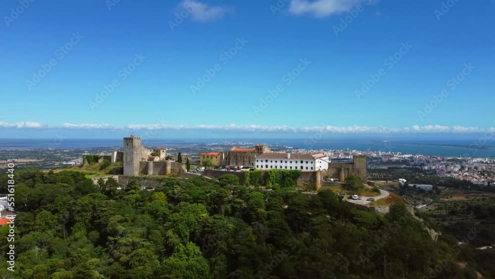 Aerial footage view of the ancient fortress Castelo de Palmela as national monument in Portugal seen from a drone point of view