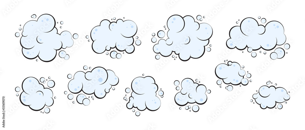 Cartoon foam, smoke pop, soap or gas cloud vector icon, blue water bubble set hand drawn, shampoo suds isolated on white background. Fun illustration - obrazy, fototapety, plakaty 