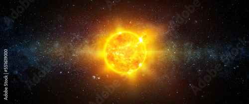 Panoramic view of the Sun, star The sun shines in space. A wide view of the sun and stars from space. Concept on the theme of ecology, environment, Earth Day. Elements of this image furnished by NASA.