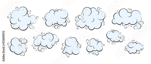 Cartoon foam, smoke pop, soap or gas cloud vector icon, blue water bubble set hand drawn, shampoo suds isolated on white background. Fun illustration