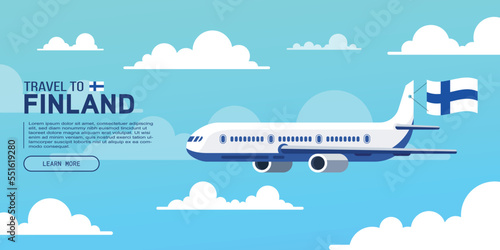 Travel to Finland poster with flying plane and national flag. Banner for travel agency. Vector illustration.