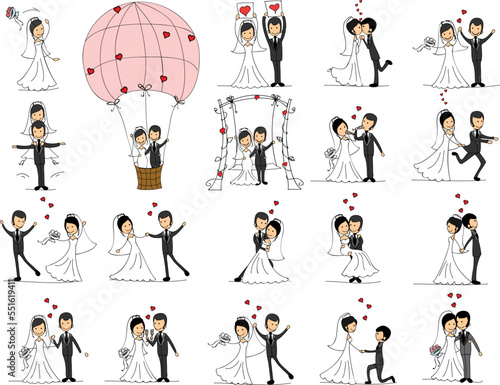 Doodle wedding set for invitation cards, including template design decorative elements - flowers, bride, groom, church, hearts