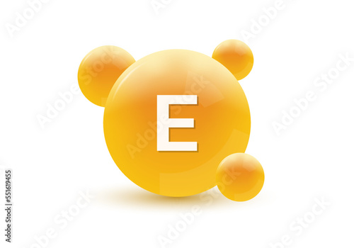 Vitamin E 3d icon. Circle drop, capsule or pill isolated on white background. Molecule bubbles design. Vector illustration.