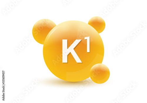 Vitamin K1 3d icon. Circle drop, capsule or pill isolated on white background. Molecule bubbles design. Vector illustration.