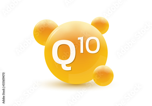 Q10 coenzyme, vitamin 3d icon. Circle drop, capsule or pill isolated on white background. Molecule bubbles design. Vector illustration.