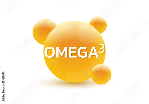 Omega 3 3d icon. Circle drop, capsule or pill isolated on white background. Molecule bubbles design. Vector illustration.