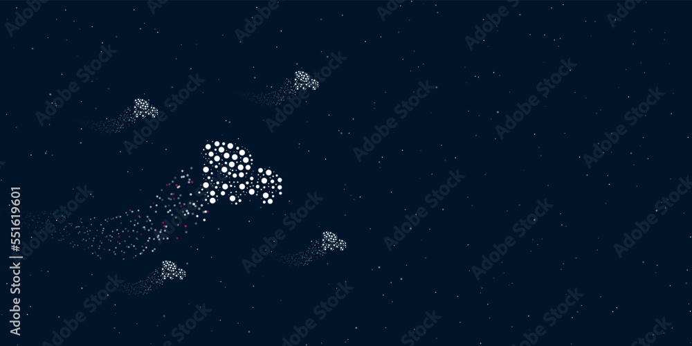 A concrete mixer truck symbol filled with dots flies through the stars leaving a trail behind. There are four small symbols around. Vector illustration on dark blue background with stars