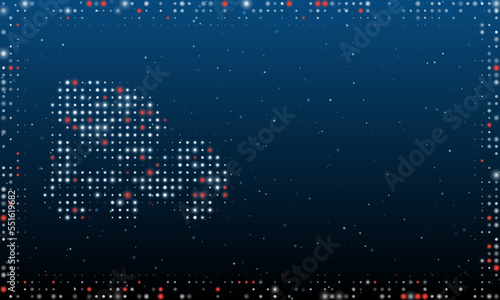 On the left is the concrete mixer truck symbol filled with white dots. Abstract futuristic frame of dots and circles. Vector illustration on blue background with stars