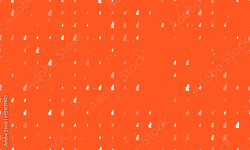 Seamless background pattern of evenly spaced white cat symbols of different sizes and opacity. Vector illustration on deep orange background with stars