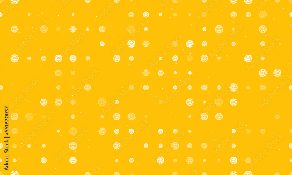 Seamless background pattern of evenly spaced white poker chip symbols of different sizes and opacity. Vector illustration on amber background with stars