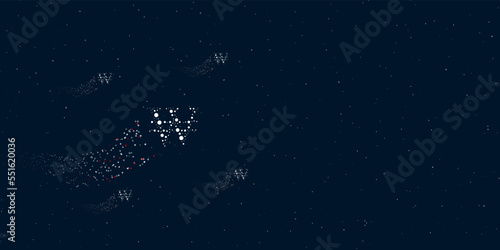 A Korean won sign filled with dots flies through the stars leaving a trail behind. Four small symbols around. Empty space for text on the right. Vector illustration on dark blue background with stars © Alexey