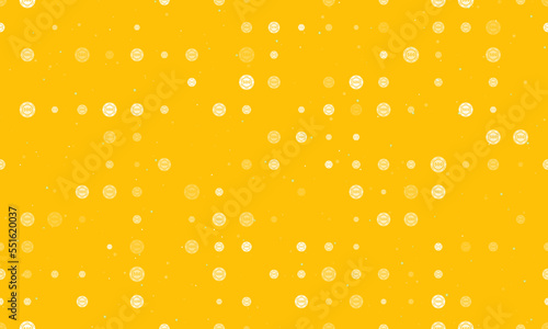 Seamless background pattern of evenly spaced white poker chip symbols of different sizes and opacity. Vector illustration on amber background with stars