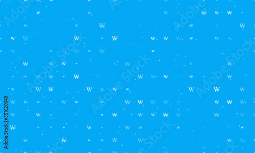 Seamless background pattern of evenly spaced white Korean won signs of different sizes and opacity. Vector illustration on light blue background with stars
