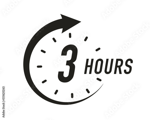 3 hours timer vector symbol black color style isolated on white background. Clock, stopwatch, cooking time label. 10 eps