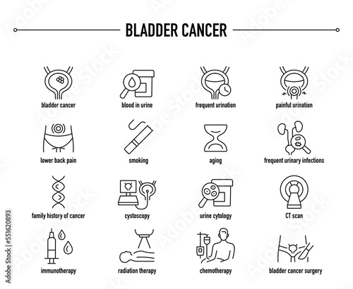 Bladder Cancer symptoms, diagnostic and treatment vector icon set. Line editable medical icons.