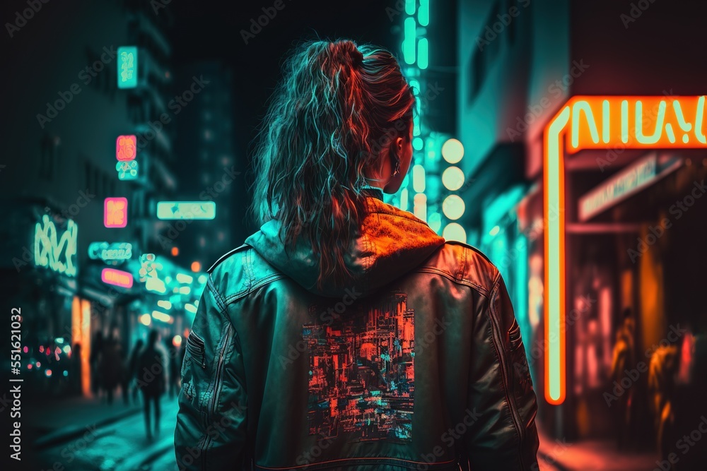 A woman standing in the streets of a neon city with a jacket at night, Tokyo style