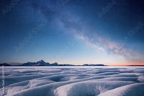 Stars above frozen sea and mountains