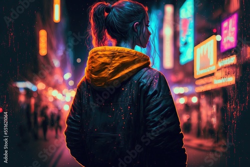 A girl with a jacket standing in the neon streets of a Cyberpunk style city, blurred background