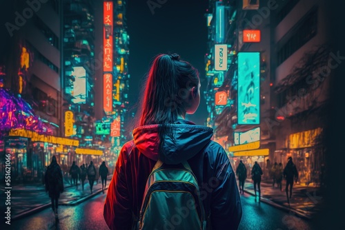 A girl with a backpack standing in the neon streets of Tokyo at night, Cyberpunkt style with neon lights