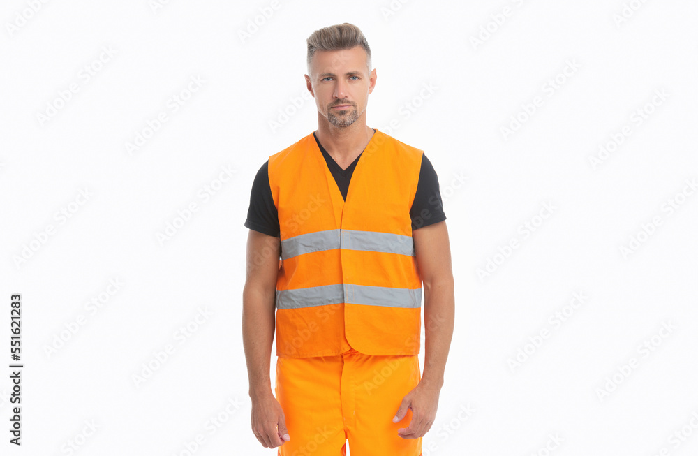mature man builder isolated on white. builder supervisor man in orange uniform. mature man builder isolated on white. builder supervisor man in orange uniform.