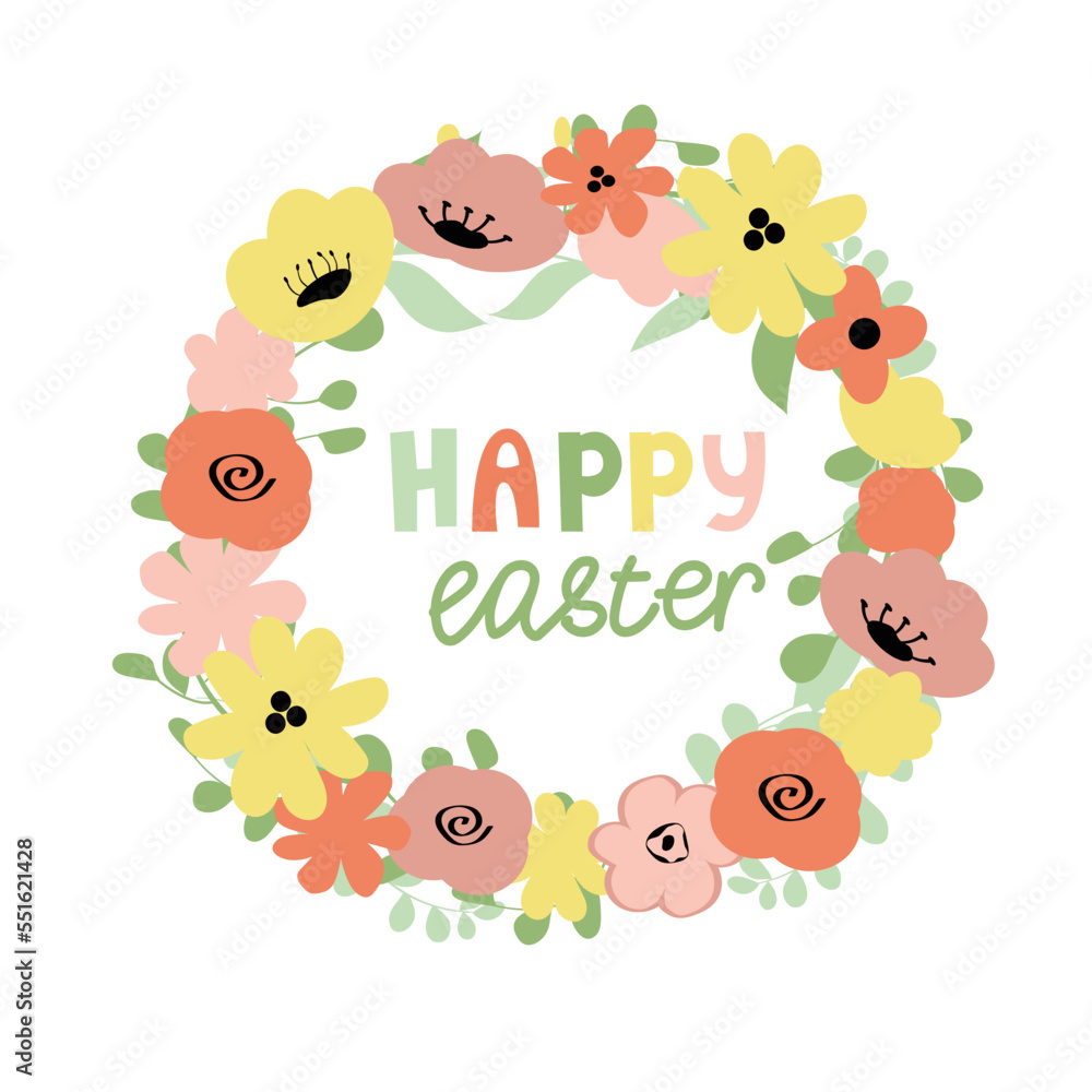 Fototapeta premium Happy easter banner. Vector floral wreath with abstract flowers, leaves and branches.