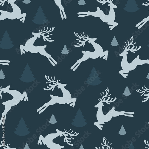 Seamless pattern Christmas deer and fir. Xmas decoration. Vector