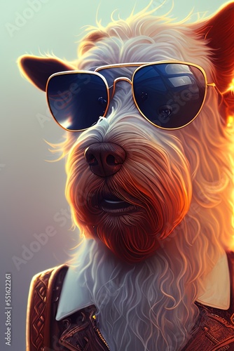 detailed matte painting stylized three quarters portrait of an anthropomorphic rugged happy dog