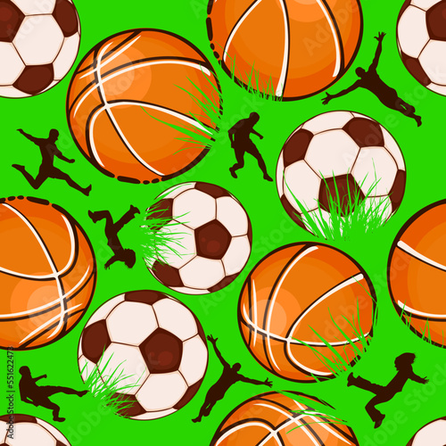 Seamless pattern sports balls football players. Vector illustration