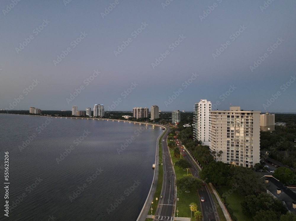 an aerial view of Bayshore Boulevard in Tampa Florida in the dawn light 