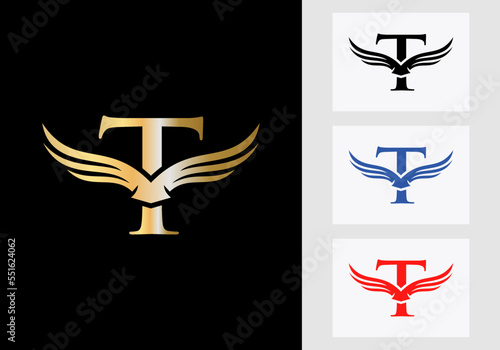 T Letter Wing Logo Design. Initial Flying Wing T Letter Logo photo