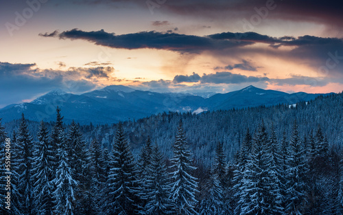 Landscape in the winter in the mountains at sunset. View of dramatic clouds and snowy wooded slopes.