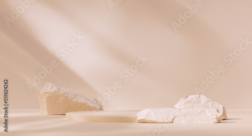 Premium natural product presentation beige background with stones and geometric platform 3d rendering.