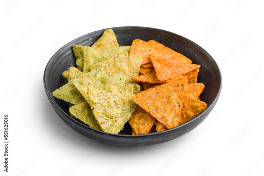 Tortilla chips with the flavor of chili and jalapeno peppers on plate isolated on white background. Tortilla chips with the flavor of chili and jalapeno peppers on plate isolated on white background.