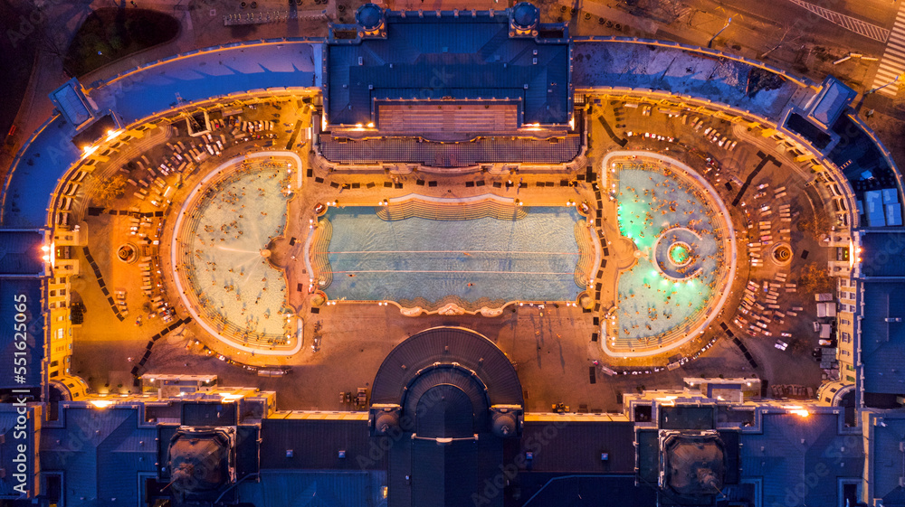 Fototapeta premium Europe, Hungary, Budapest. Aerial Photo from a thermal bath in Budapest. Szechenyi thermal bath is located center of Budapest.