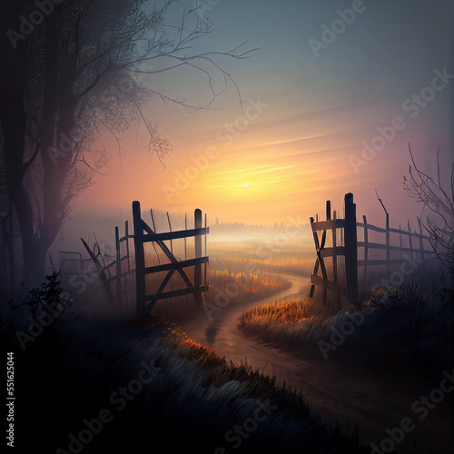 landscape in countryside of path and fence at foggy sunrise in morning