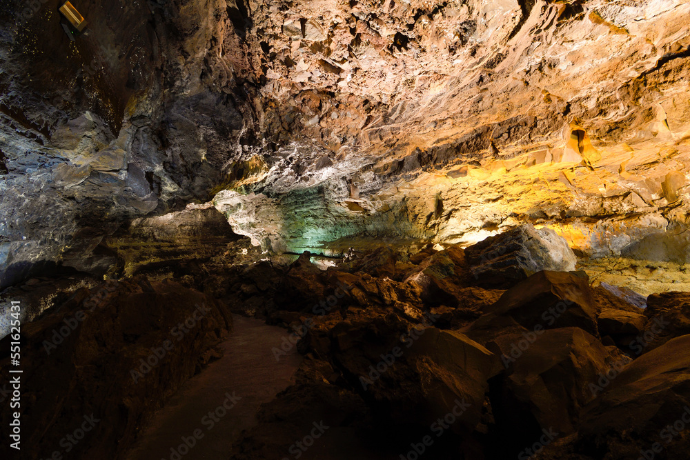 Play of light and color in the Cueva de Los Verdes in Lanzarote