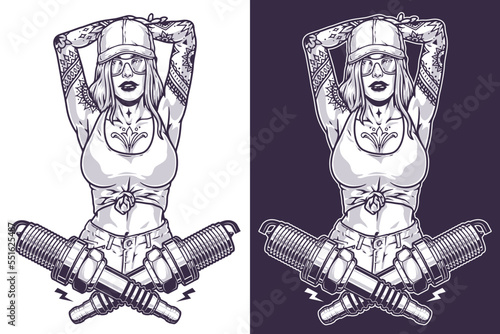 Girl auto mechanic label monochrome