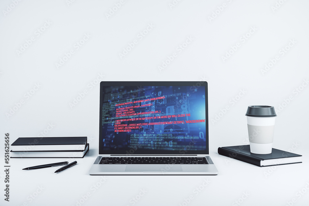 Modern computer display with abstract programming language hologram, artificial intelligence and machine learning concept. 3D Rendering Modern computer display with abstract programming language hologram, artificial intelligence and machine learning concept. 3D Rendering