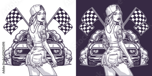 Street racer girl monochrome logotype