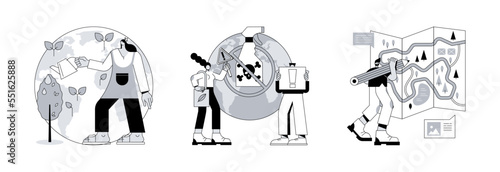 Climate change mitigation abstract concept vector illustration set. Reforestation, herbicide ban, area management, replanting trees, insecticide and pesticide ban, organic farming abstract metaphor.