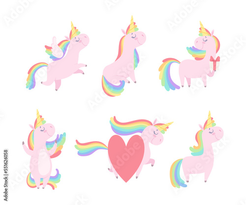 Cute Pink Unicorn with Twisted Horn and Rainbow Mane Vector Set