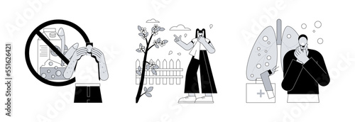 Allergic diseases abstract concept vector illustration set. Food and seasonal allergy, anaphylaxis shock treatment, skin rash, first aid, breath problem, gluten free diet abstract metaphor.