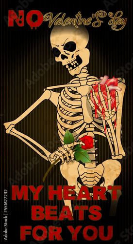 Anti Valentines day card, My heart beats for you. Skeleton holding a flower rose and heart vector illustration