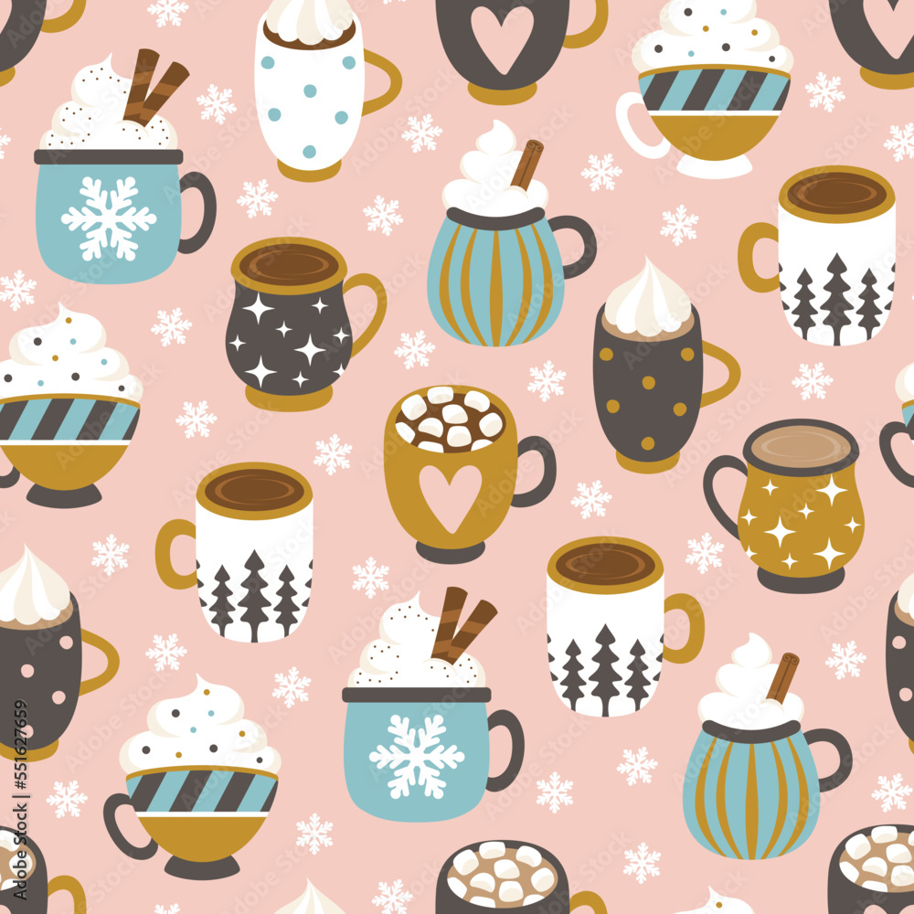 Colorful seamless pattern with different mugs of coffee. Vector illustration. Colorful seamless pattern with different mugs of coffee. Vector illustration.