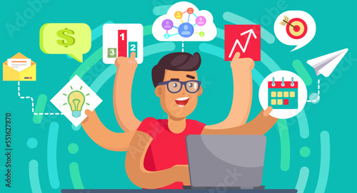 Man doing many tasks at same time. Male employee trying to deal with deadlines. Overworking, overload at work concept. Person with many hands coping with multitasking, time management, planning