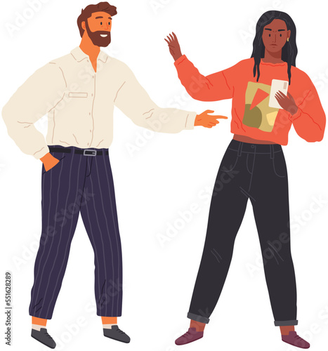 Husband and wife shouting, blaming each other of problem. Man and woman quarreling relationships, unhappy young family fighting concept. Angry woman looks at her mans phone and gets nervous
