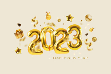 Gold balloons 2023 with confetti, gold mirrored balloon party, stars, gifts and rabbits on a light beige background. Happy New Year 2023 creative