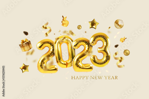 Gold balloons 2023 with confetti, gold mirrored balloon party, stars, gifts and rabbits on a light beige background. Happy New Year 2023 creative